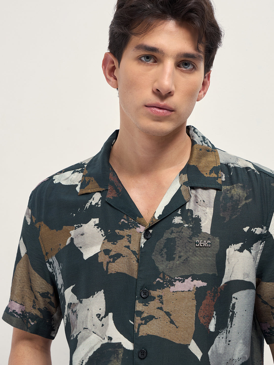 dark green abstract brush stroke print relaxed fit cuban collar shirt dark green abstract brush stroke print relaxed fit cuban collar shirt