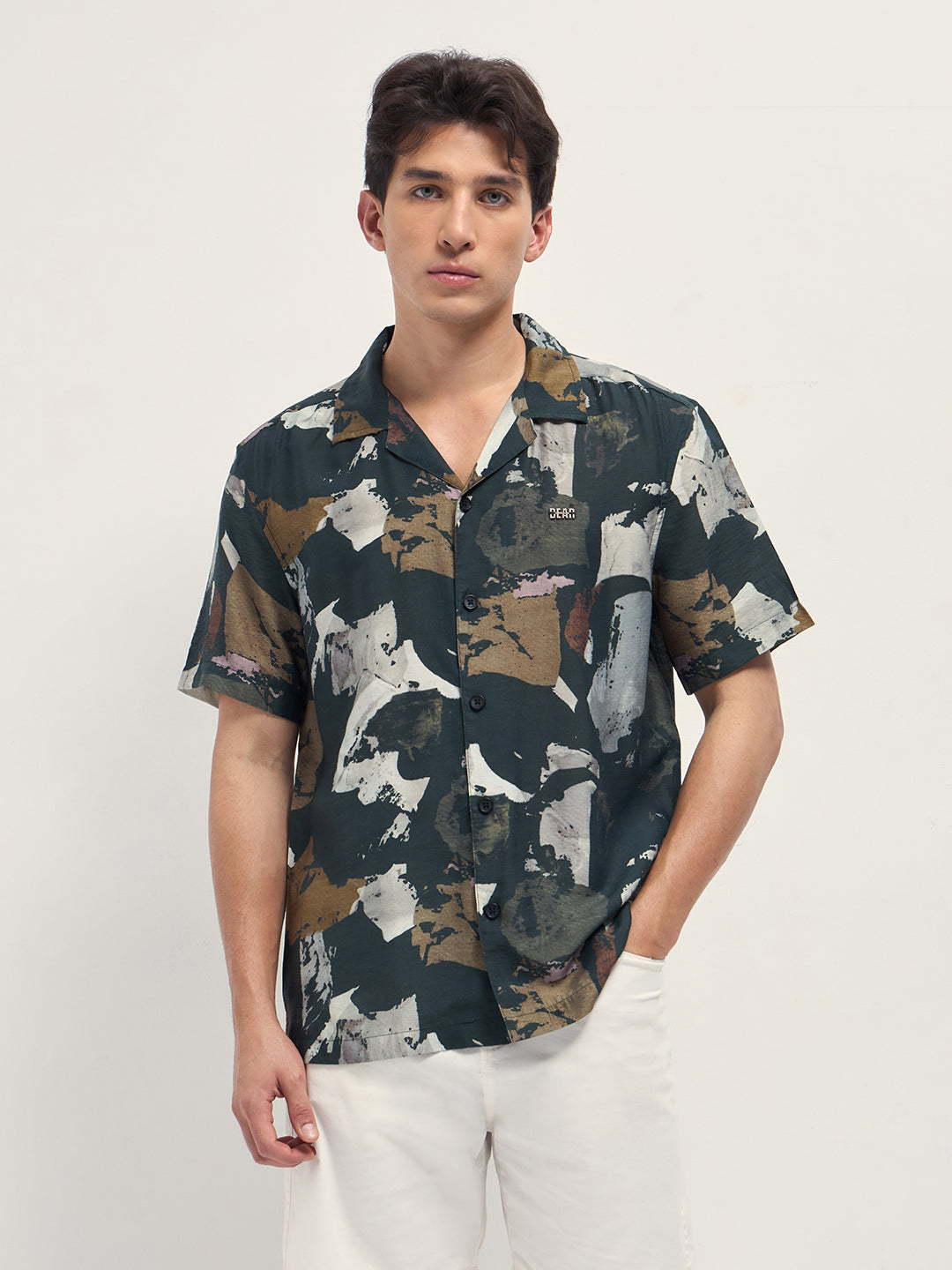 dark green abstract brush stroke print relaxed fit cuban collar shirt dark green abstract brush stroke print relaxed fit cuban collar shirt