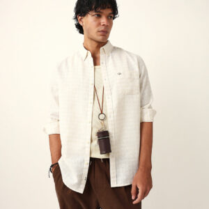 cream woven checked slim fit casual shirt with button down collar