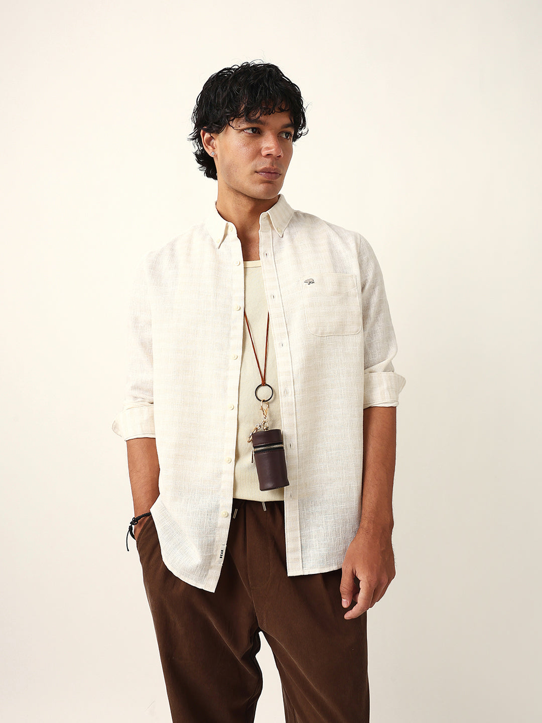 cream woven checked slim fit casual shirt with button down collar cream woven checked slim fit casual shirt with button down collar