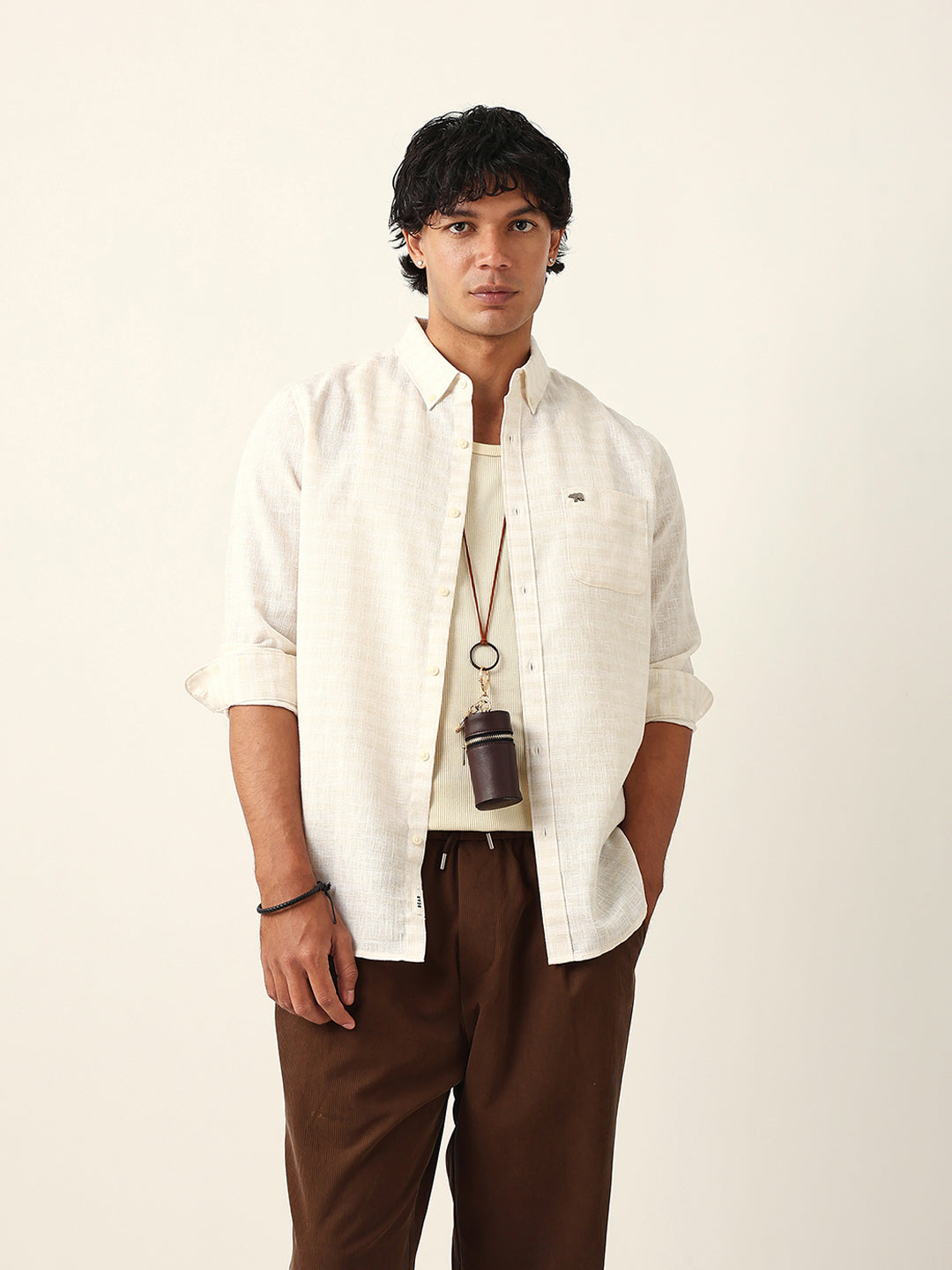cream woven checked slim fit casual shirt with button down collar cream woven checked slim fit casual shirt with button down collar