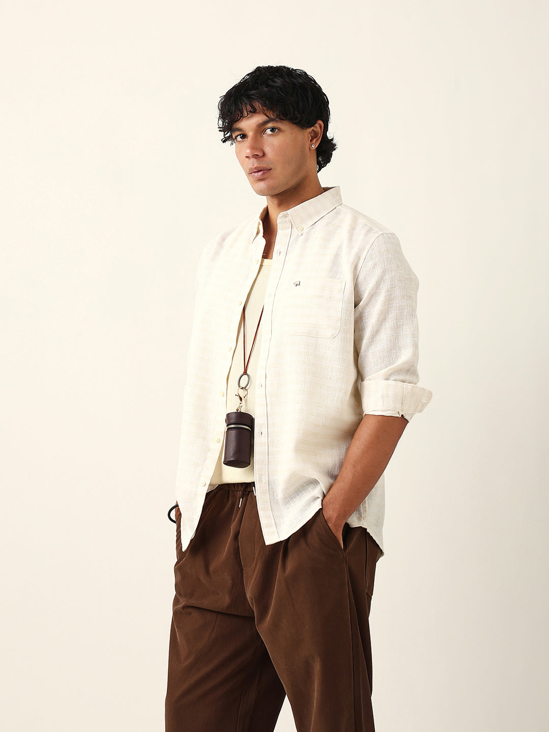 cream woven checked slim fit casual shirt with button down collar cream woven checked slim fit casual shirt with button down collar
