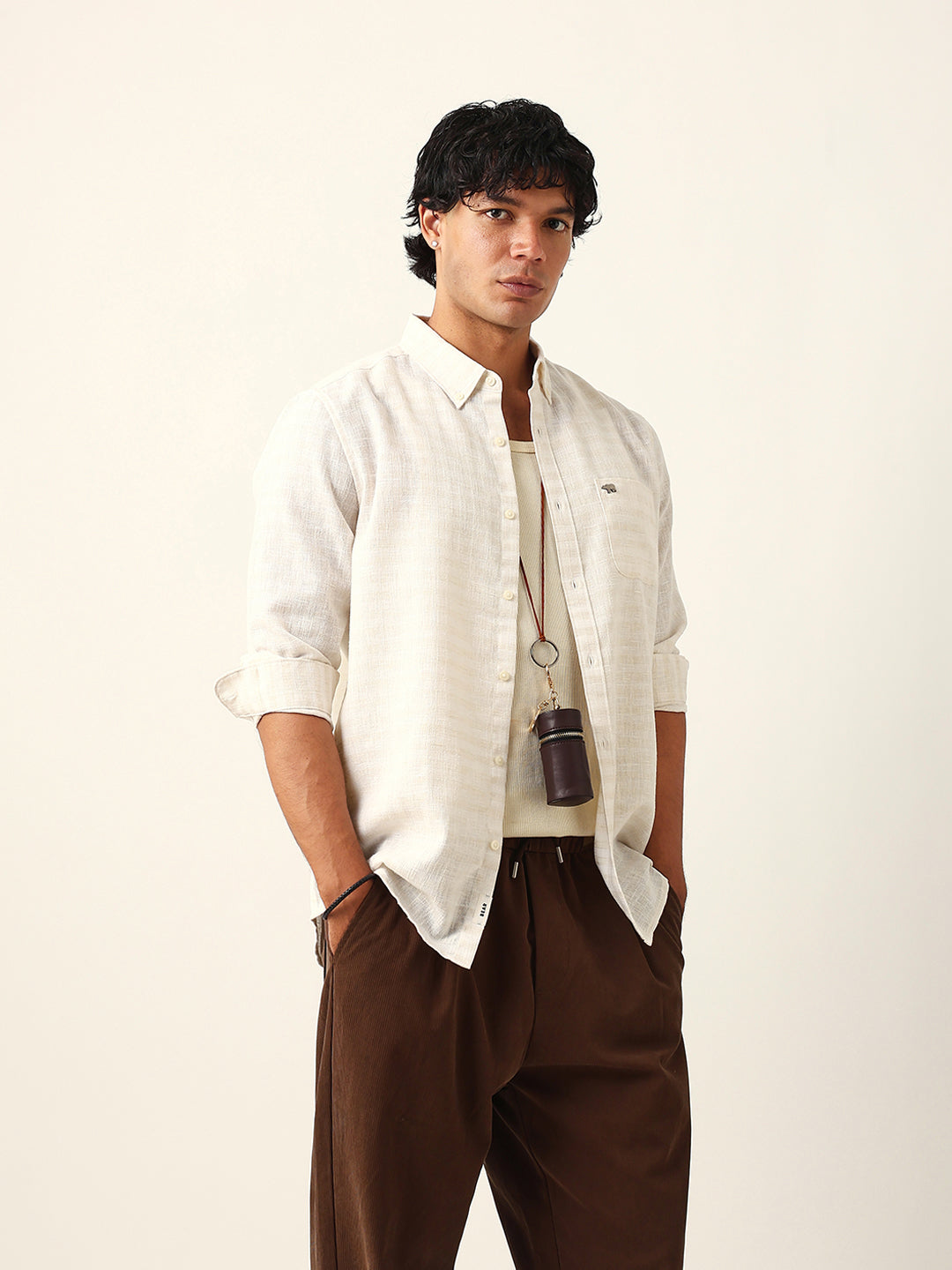 cream woven checked slim fit casual shirt with button down collar cream woven checked slim fit casual shirt with button down collar