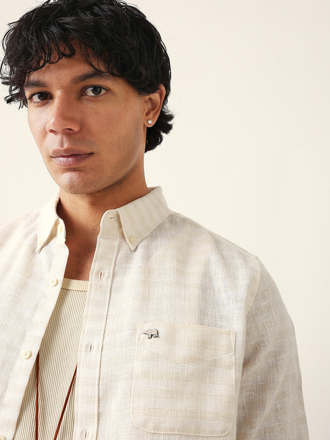 cream woven checked slim fit casual shirt with button down collar cream woven checked slim fit casual shirt with button down collar