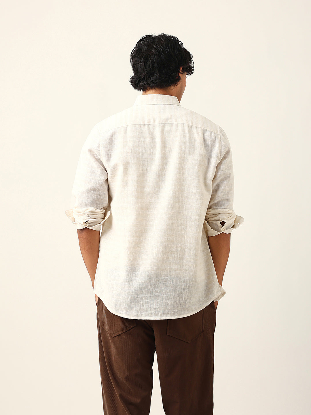 cream woven checked slim fit casual shirt with button down collar cream woven checked slim fit casual shirt with button down collar