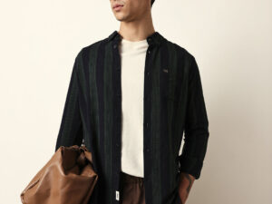 black with green woven vertical stripes slim fit casual shirt