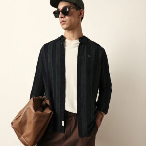 black with green woven vertical stripes slim fit casual shirt
