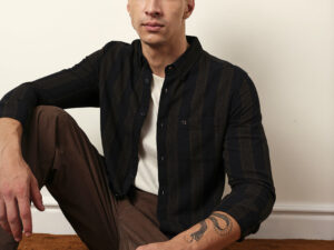 black with brown woven vertical stripes slim fit casual shirt
