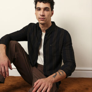 black with brown woven vertical stripes slim fit casual shirt