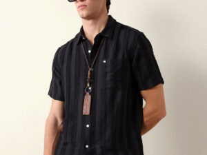 black vertical stripe dobby woven regular fit casual shirt