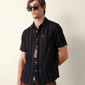 black vertical stripe dobby woven regular fit casual shirt