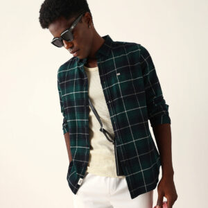 dark green & black flannel checked slim fit casual shirt