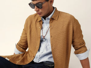 beige textured woven striped slim fit casual shirt