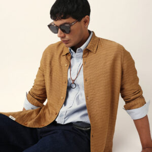 beige textured woven striped slim fit casual shirt