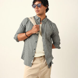 olive & white vertical woven striped slim fit casual shirt