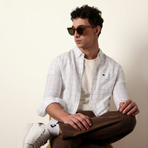 white slim fit casual shirt with woven block checks