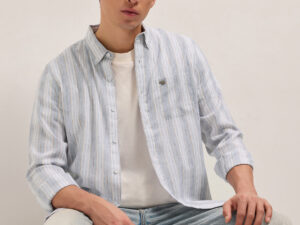 blue with white vertical stripes slim fit casual shirt