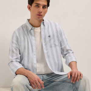 blue with white vertical stripes slim fit casual shirt