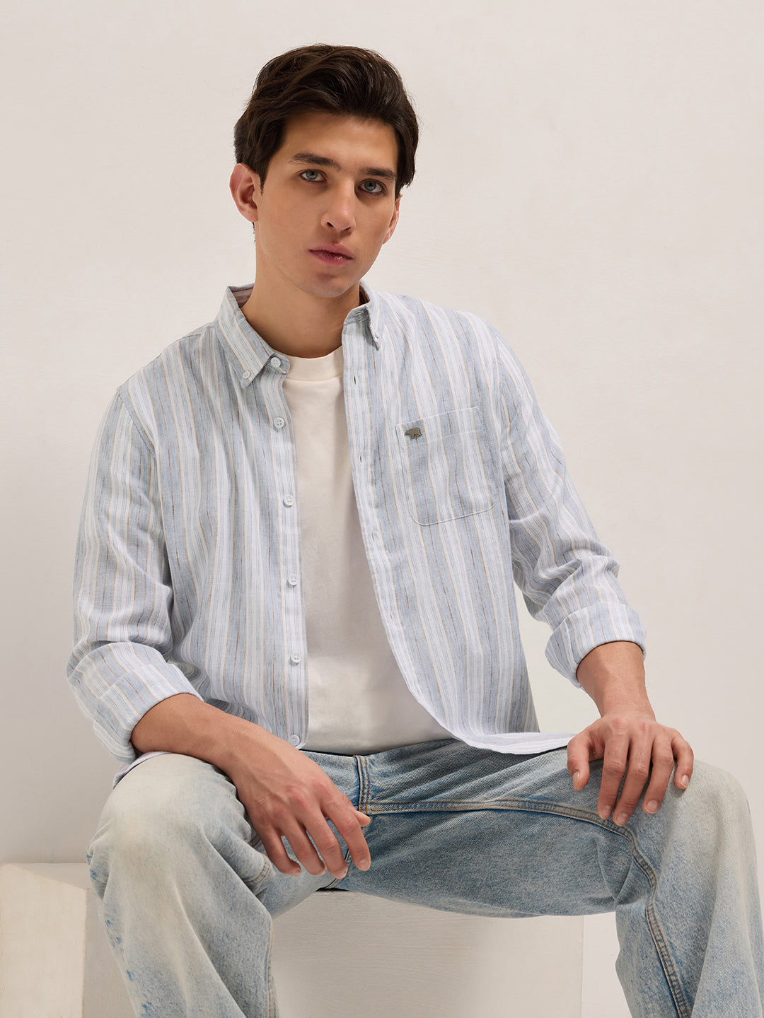 blue with white vertical stripes slim fit casual shirt blue with white vertical stripes slim fit casual shirt