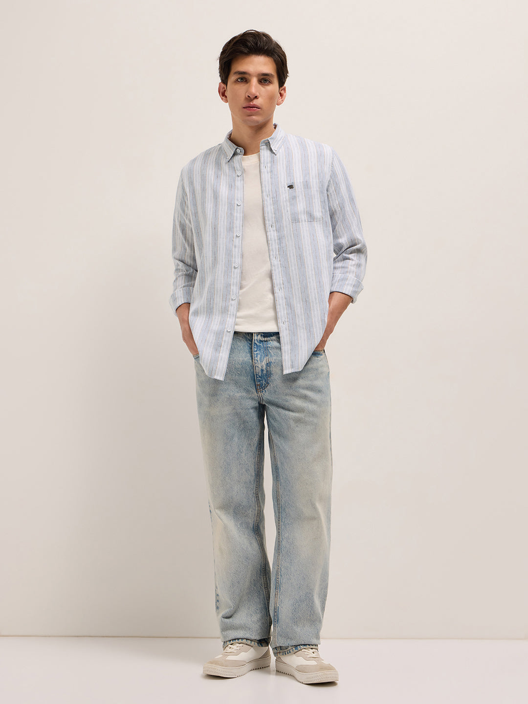 blue with white vertical stripes slim fit casual shirt blue with white vertical stripes slim fit casual shirt