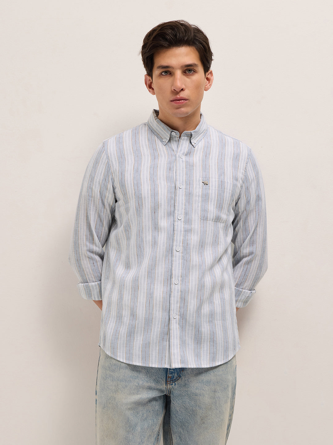 blue with white vertical stripes slim fit casual shirt blue with white vertical stripes slim fit casual shirt