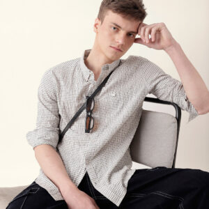 white with black woven micro checked slim fit casual shirt