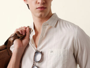 beige vertical pinstripe slim fit casual shirt