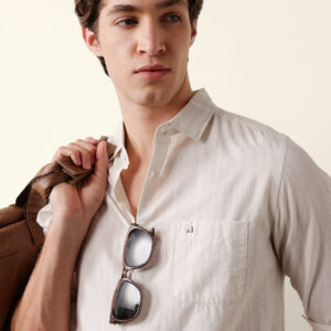 beige vertical pinstripe slim fit casual shirt