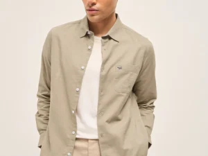 beige cotton linen slim fit solid casual shirt
