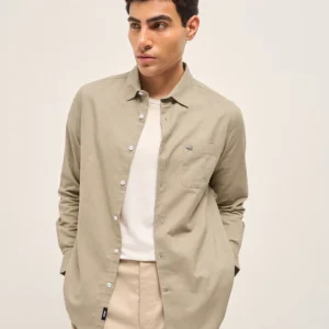 beige cotton linen slim fit solid casual shirt