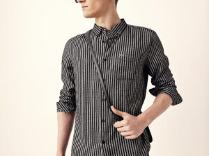 black & white vertical woven pinstriped slim fit casual shirt