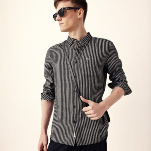 black & white vertical woven pinstriped slim fit casual shirt