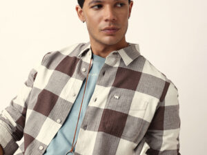 brown with cream woven checks slim fit casual shirt