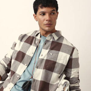 brown with cream woven checks slim fit casual shirt