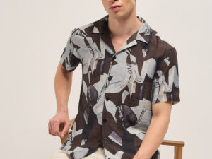brown bold abstract print relaxed fit cuban collar viscose shirt