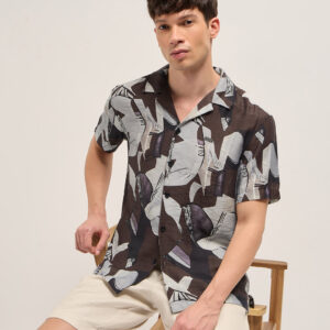 brown bold abstract print relaxed fit cuban collar viscose shirt