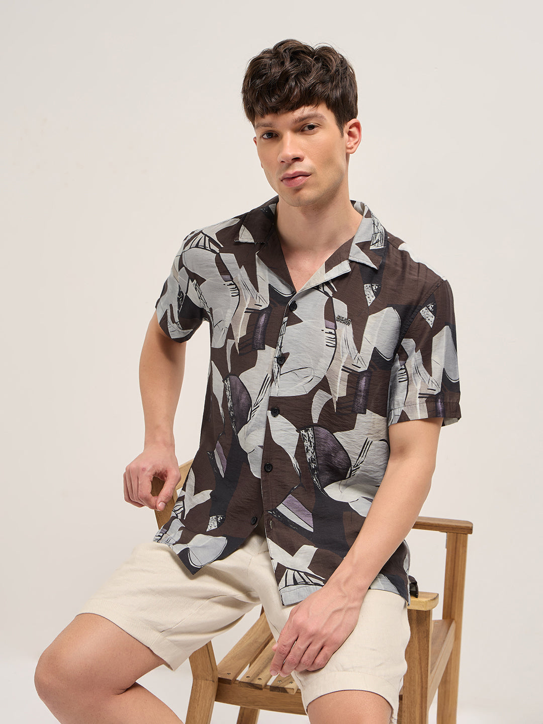 brown bold abstract print relaxed fit cuban collar viscose shirt brown bold abstract print relaxed fit cuban collar viscose shirt