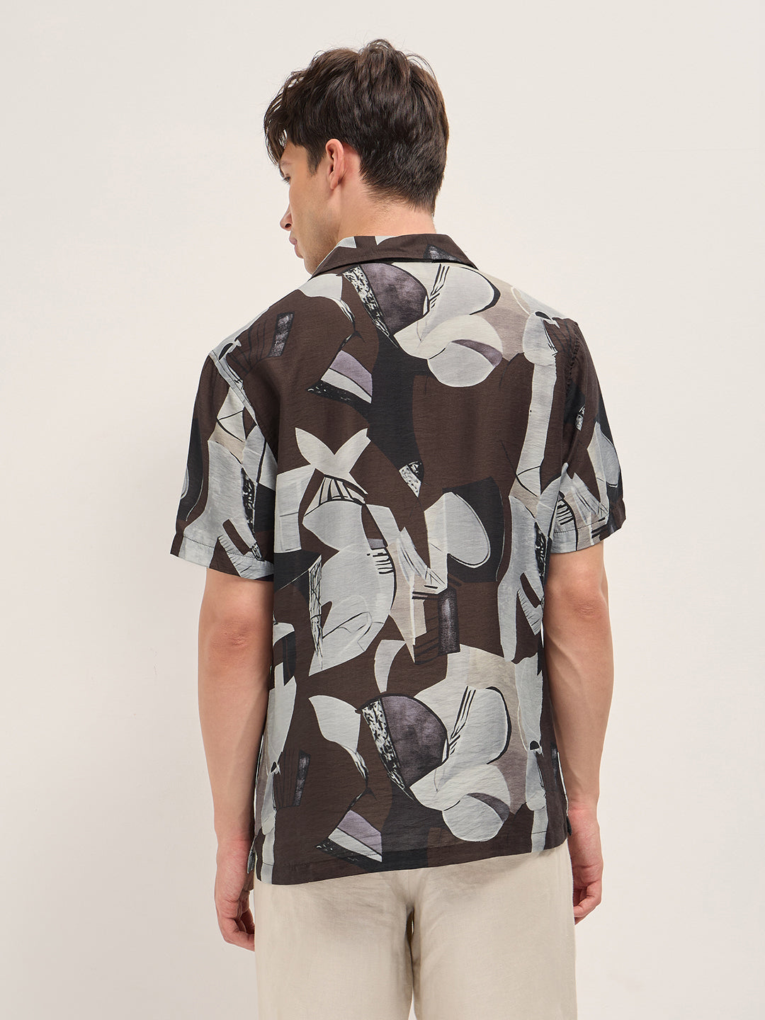 brown bold abstract print relaxed fit cuban collar viscose shirt brown bold abstract print relaxed fit cuban collar viscose shirt