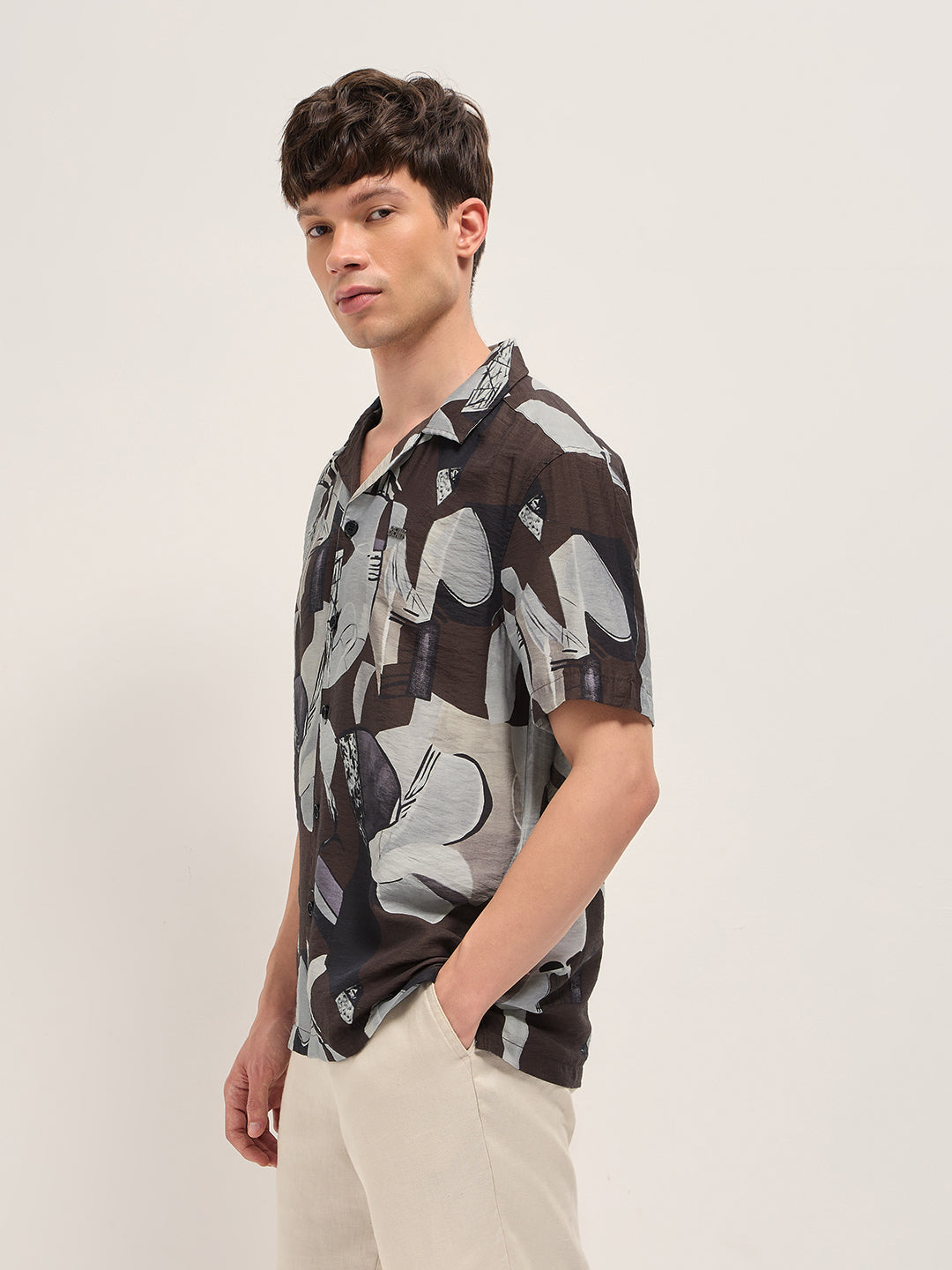 brown bold abstract print relaxed fit cuban collar viscose shirt brown bold abstract print relaxed fit cuban collar viscose shirt