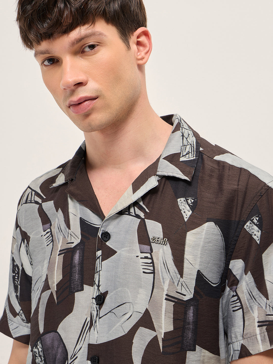 brown bold abstract print relaxed fit cuban collar viscose shirt brown bold abstract print relaxed fit cuban collar viscose shirt