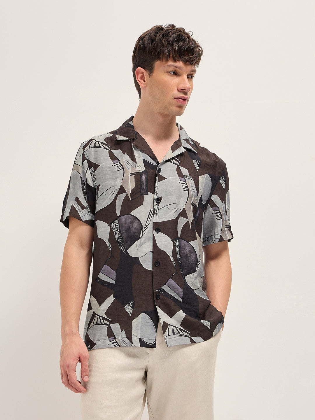 brown bold abstract print relaxed fit cuban collar viscose shirt brown bold abstract print relaxed fit cuban collar viscose shirt