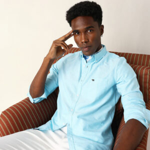 sky blue cotton solid slim fit casual shirt