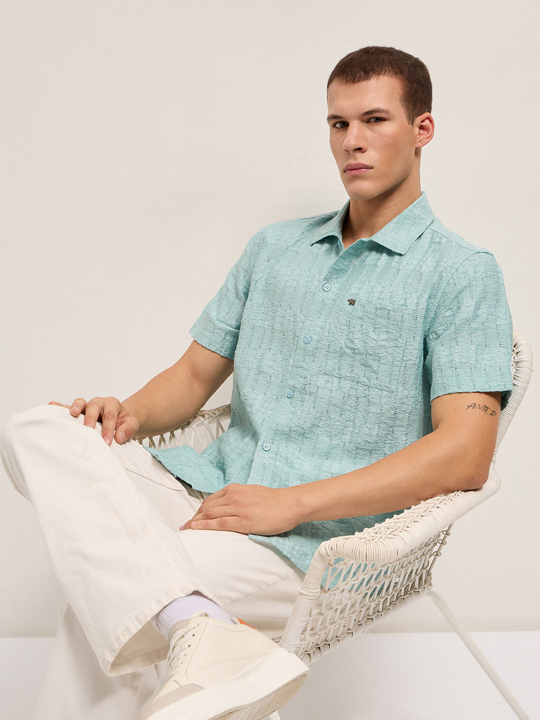 blue crinkle textured regular fit half sleeve casual shirt blue crinkle textured regular fit half sleeve casual shirt