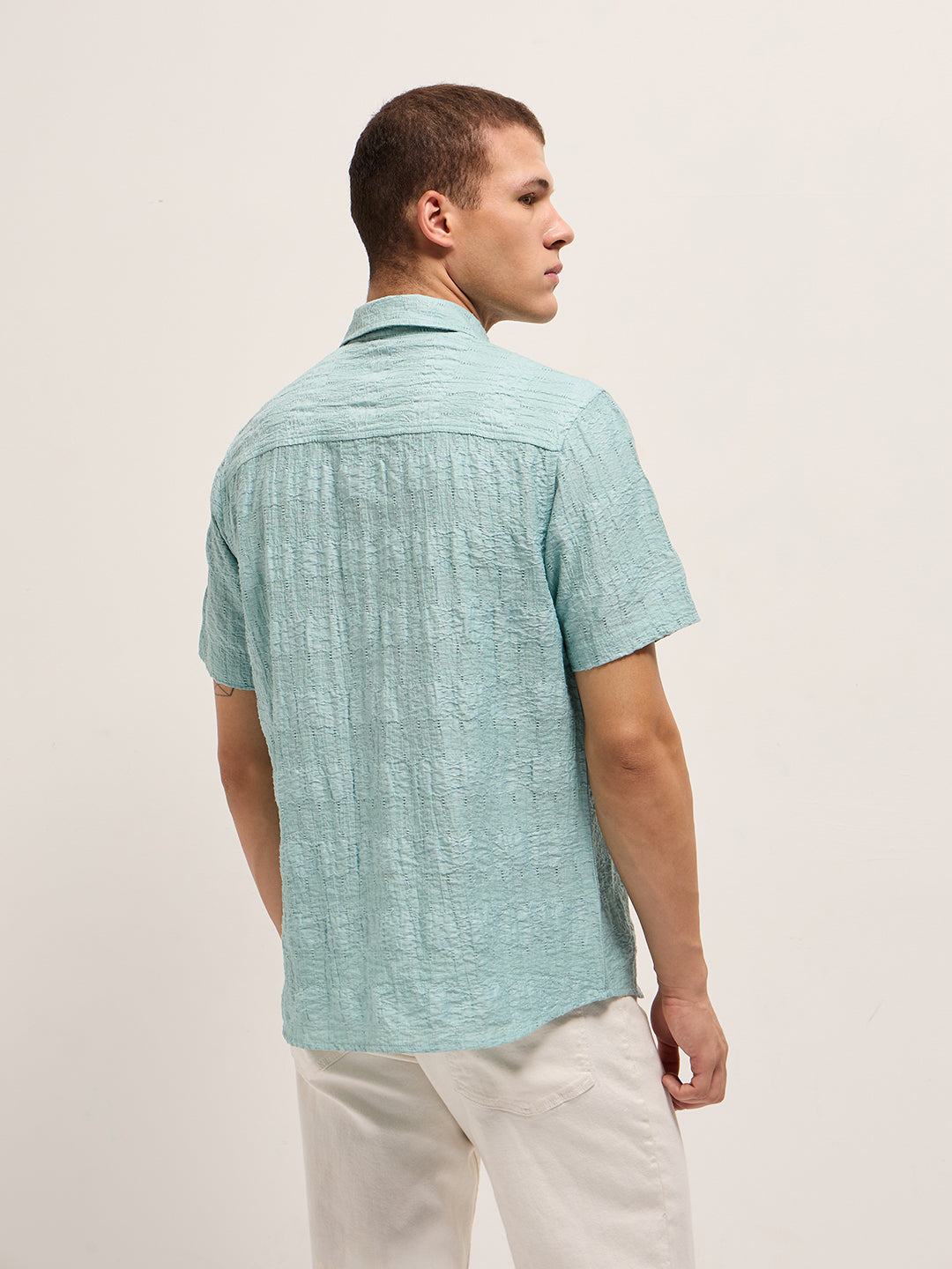 blue crinkle textured regular fit half sleeve casual shirt blue crinkle textured regular fit half sleeve casual shirt