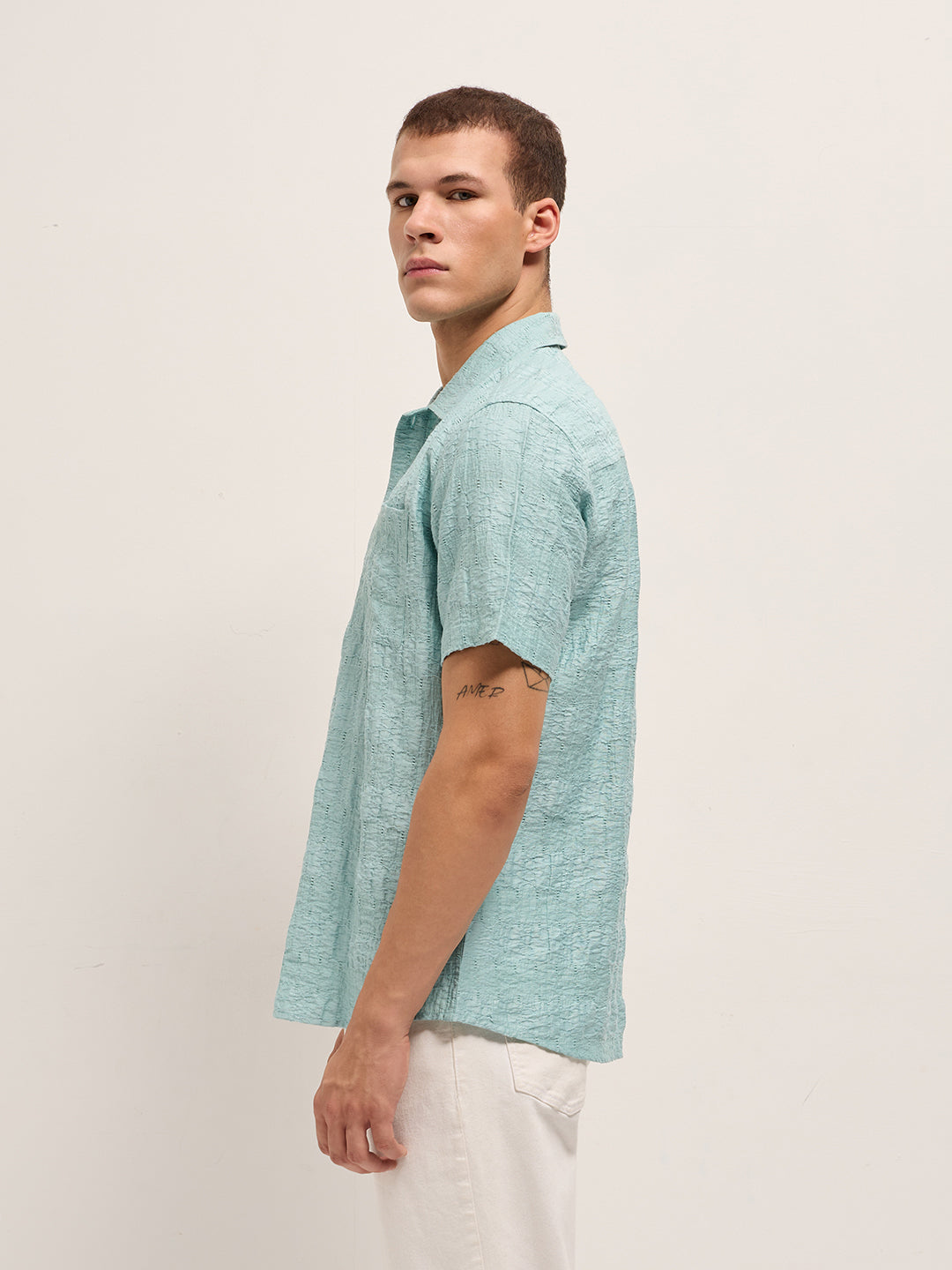 blue crinkle textured regular fit half sleeve casual shirt blue crinkle textured regular fit half sleeve casual shirt