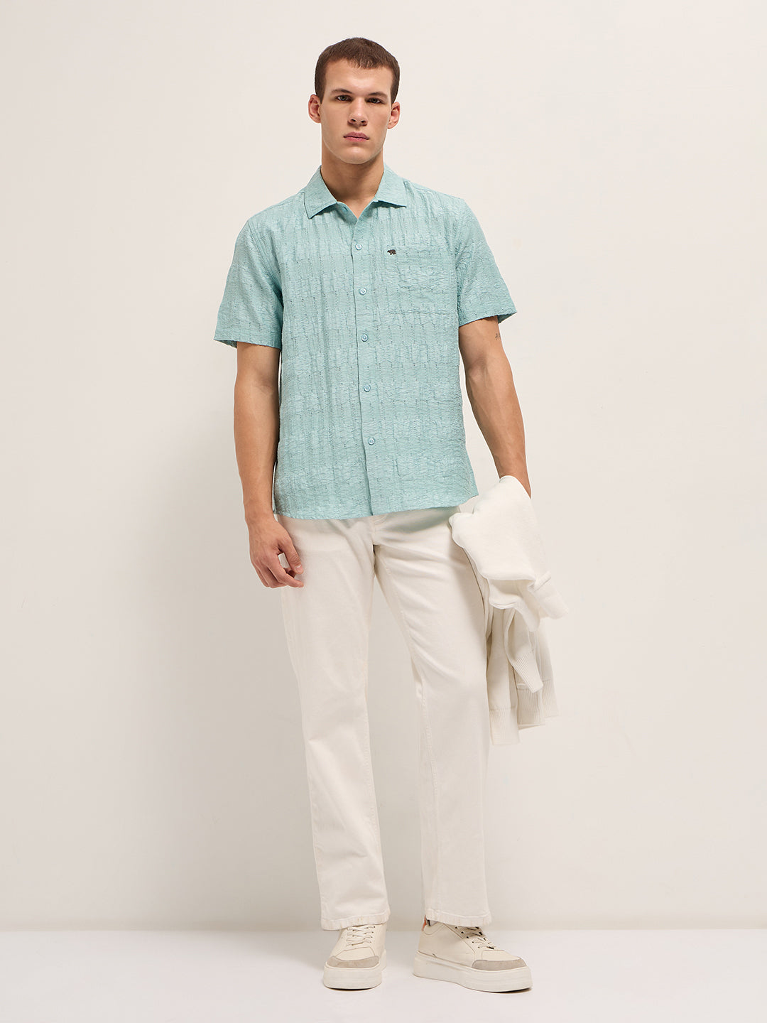 blue crinkle textured regular fit half sleeve casual shirt blue crinkle textured regular fit half sleeve casual shirt