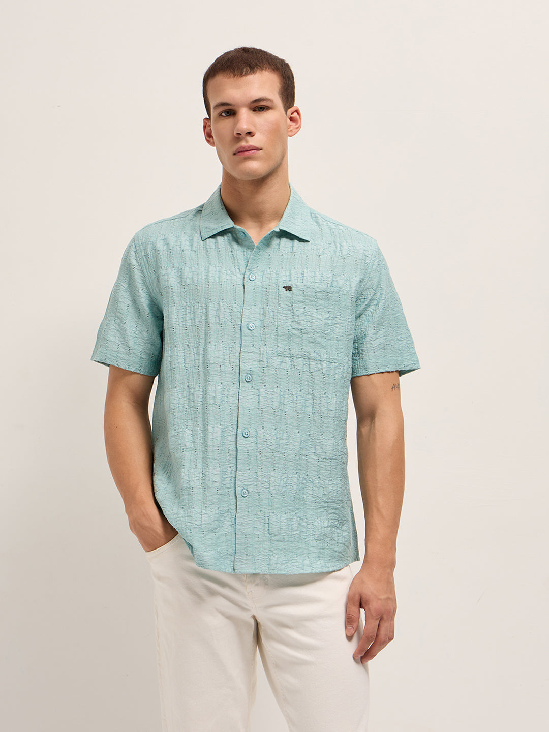 blue crinkle textured regular fit half sleeve casual shirt blue crinkle textured regular fit half sleeve casual shirt