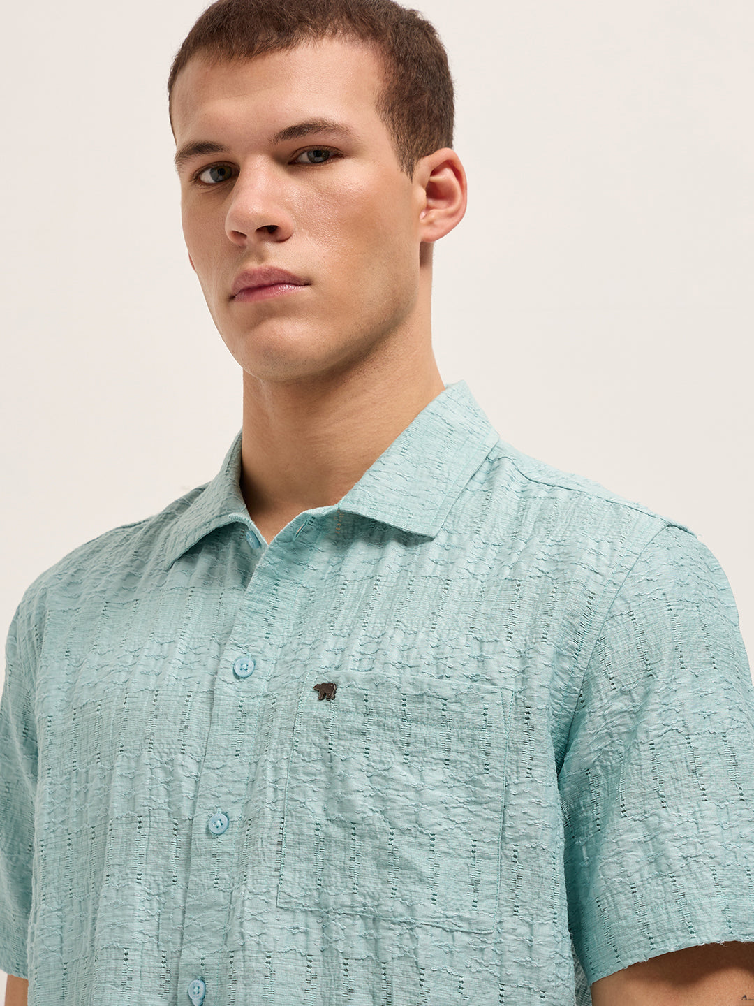 blue crinkle textured regular fit half sleeve casual shirt blue crinkle textured regular fit half sleeve casual shirt