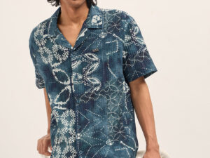 blue viscose paisley print relaxed fit cuban collar shirt