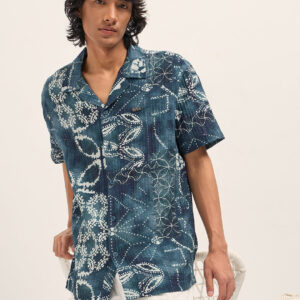 blue viscose paisley print relaxed fit cuban collar shirt